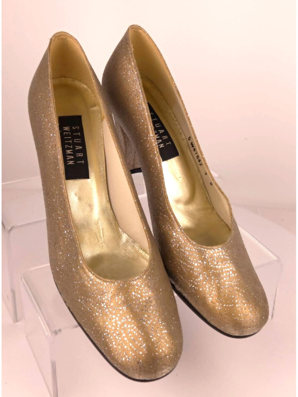 Stuart Weitzman Gold Metallic Block Heel Pumps Evening Shoes Sz 9 Vintage